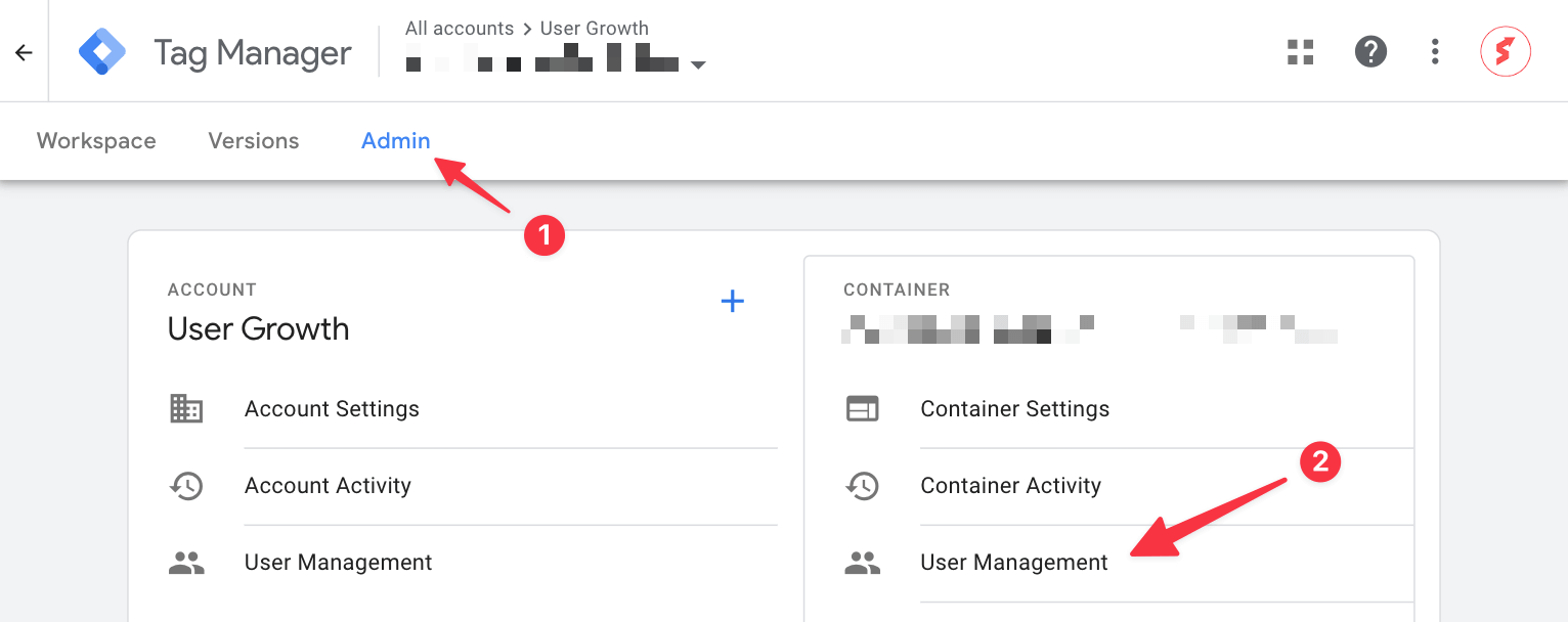 User Management in Google Tag Manager, located under Container Permissions