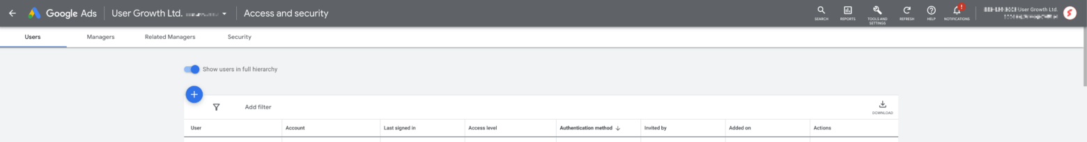 Users, Managers, Related Managers and Security tabs in Google Ads
