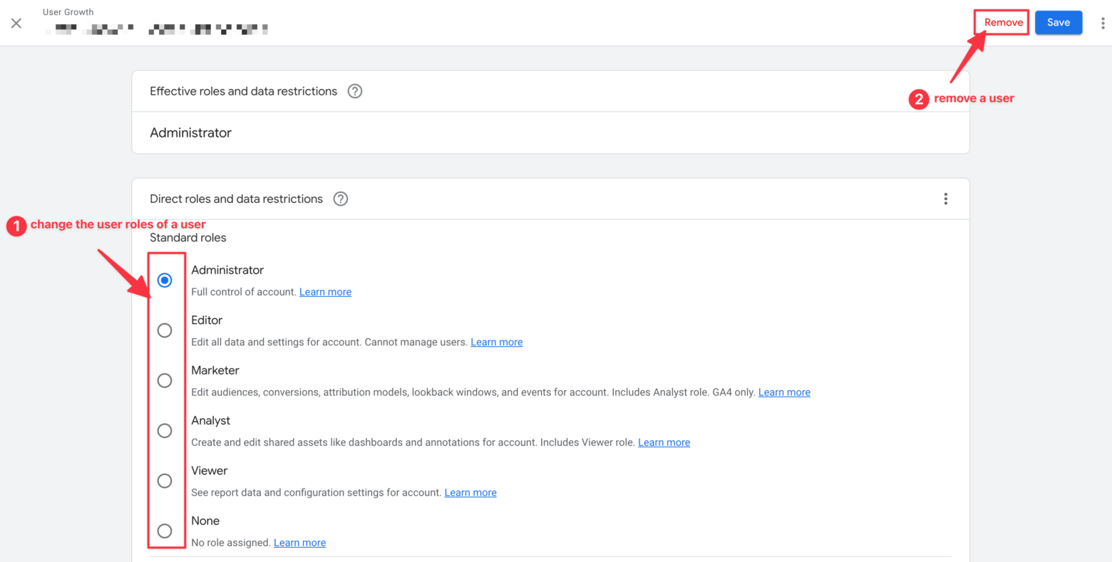 Change permissions or remove a Google Analytics user