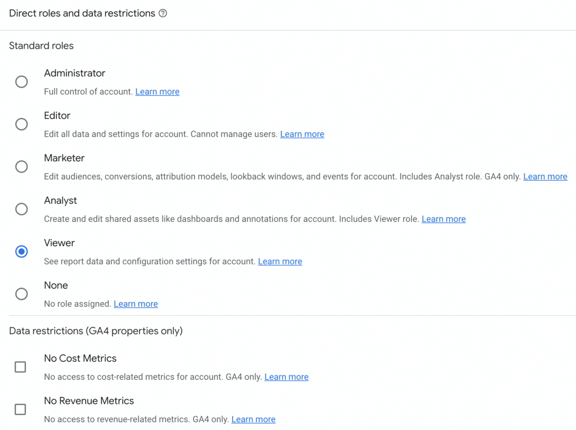 Different permission types in Google Analytics