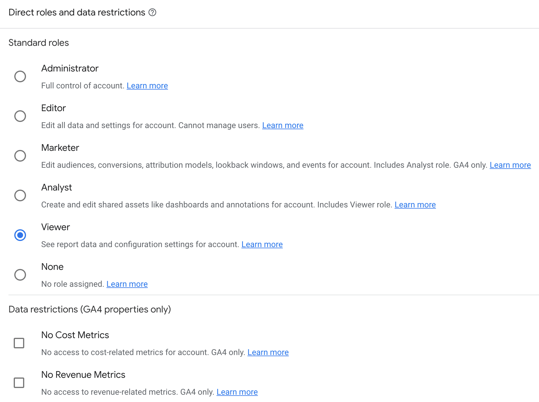 Different permission types in Google Analytics