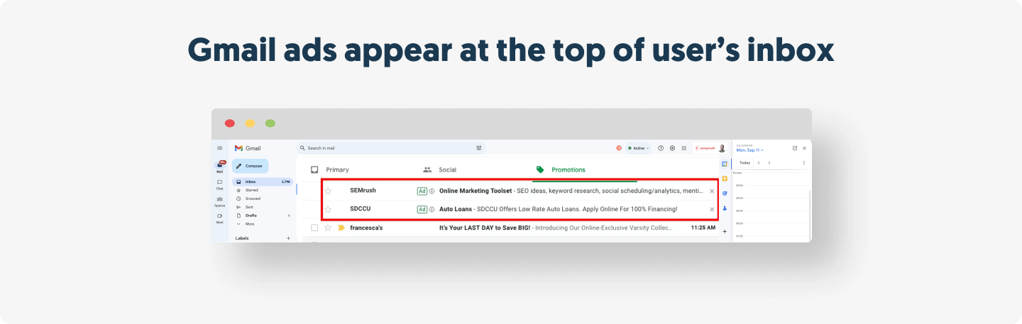 Gmail ads appear at the top of user’s inbox